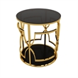 Bezzo Gold Round Side Table- Black Glass Top and Shelf- Metal Base- 22 Inch