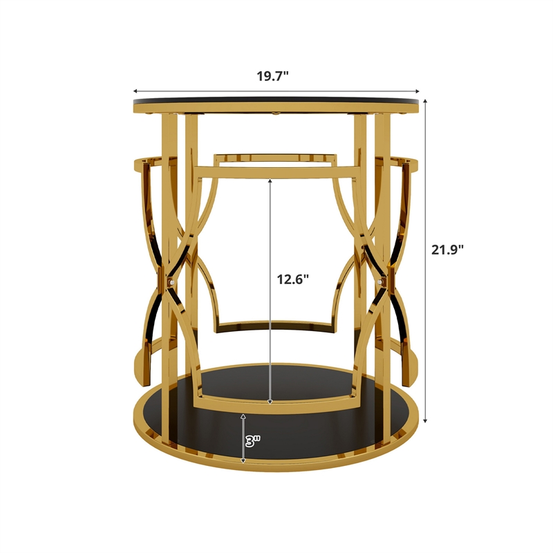 Bezzo Gold Round Side Table- Black Glass Top and Shelf- Metal Base- 22 Inch