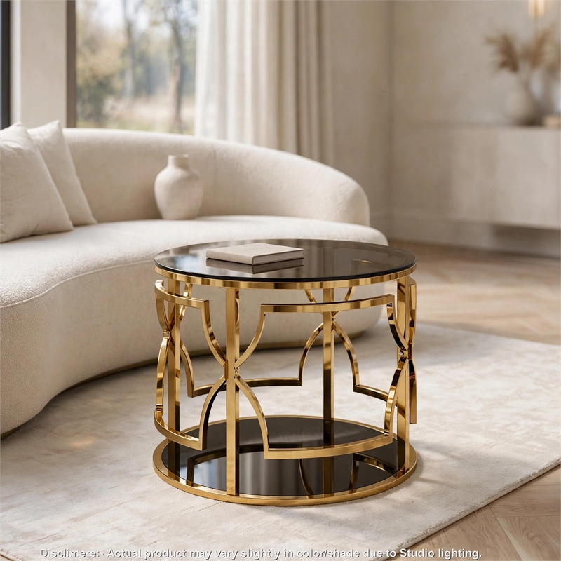 Bezzo Gold Round Side Table- Black Glass Top and Shelf- Metal Base- 22 Inch
