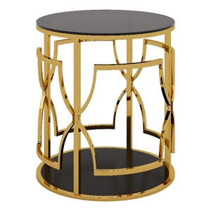 Bezzo Gold Round Side Table- Black Glass Top and Shelf- Metal Base- 22 Inch