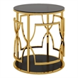 Bezzo Gold Round Side Table- Black Glass Top and Shelf- Metal Base- 22 Inch