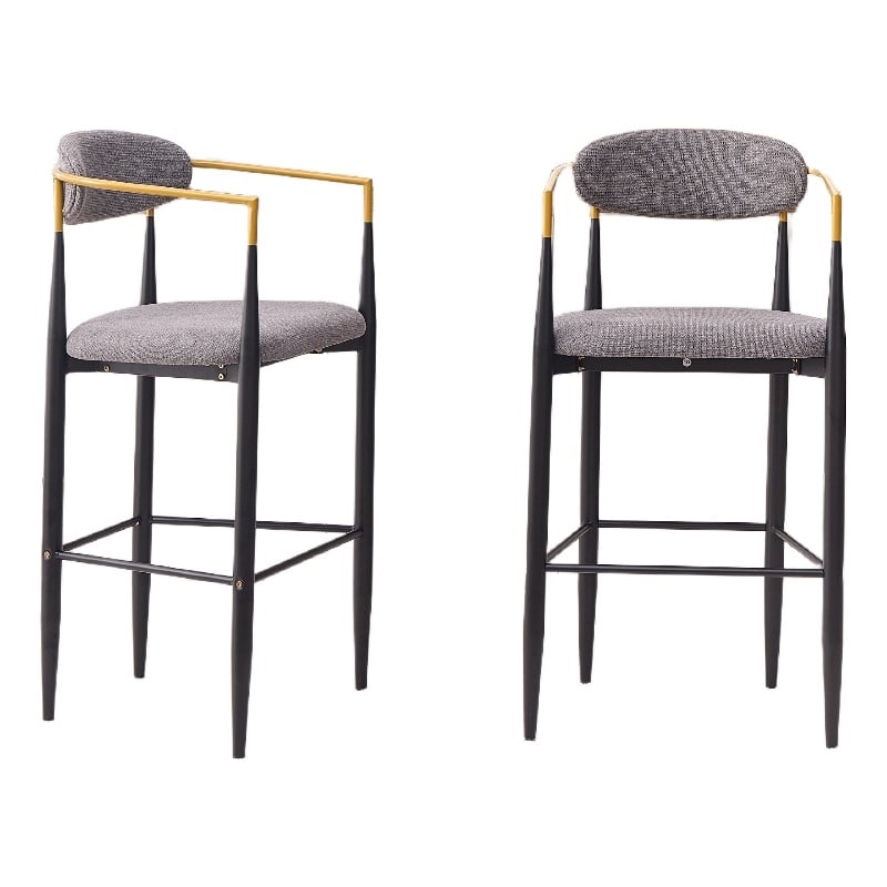 Avime Modern Barstool Chair- Set of 2- Gold Metal Armrests- Gray Fabric