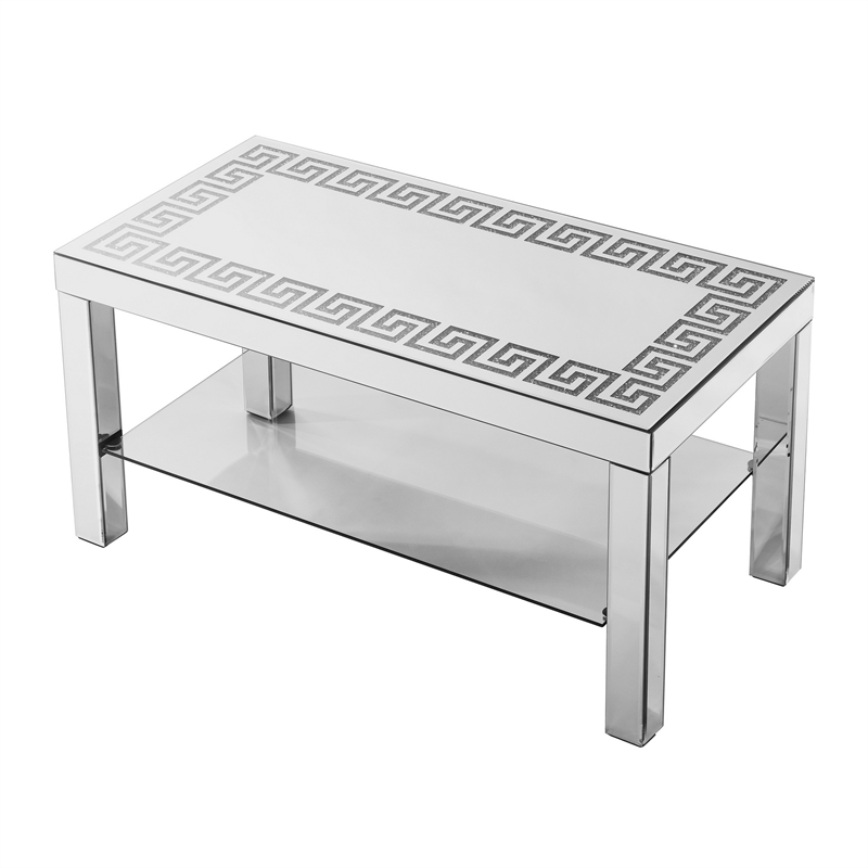 Franco Mirrored Coffee Table- Diamond Border- Silver Wood 40 Inch
