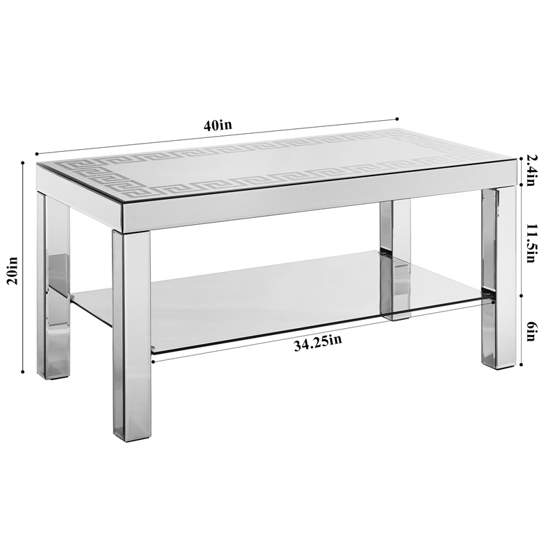 Franco Mirrored Coffee Table- Diamond Border- Silver Wood 40 Inch
