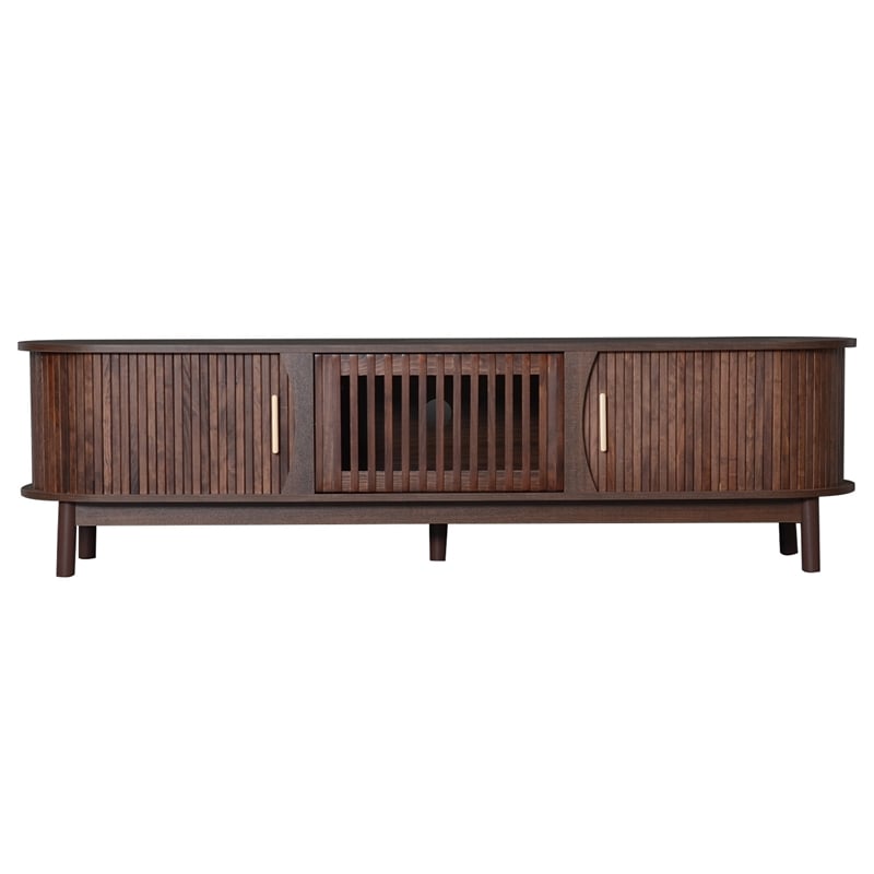 TV Media Cabinet- Fluted Sliding Doors- Drop Down Door- Dark Brown 67 Inch