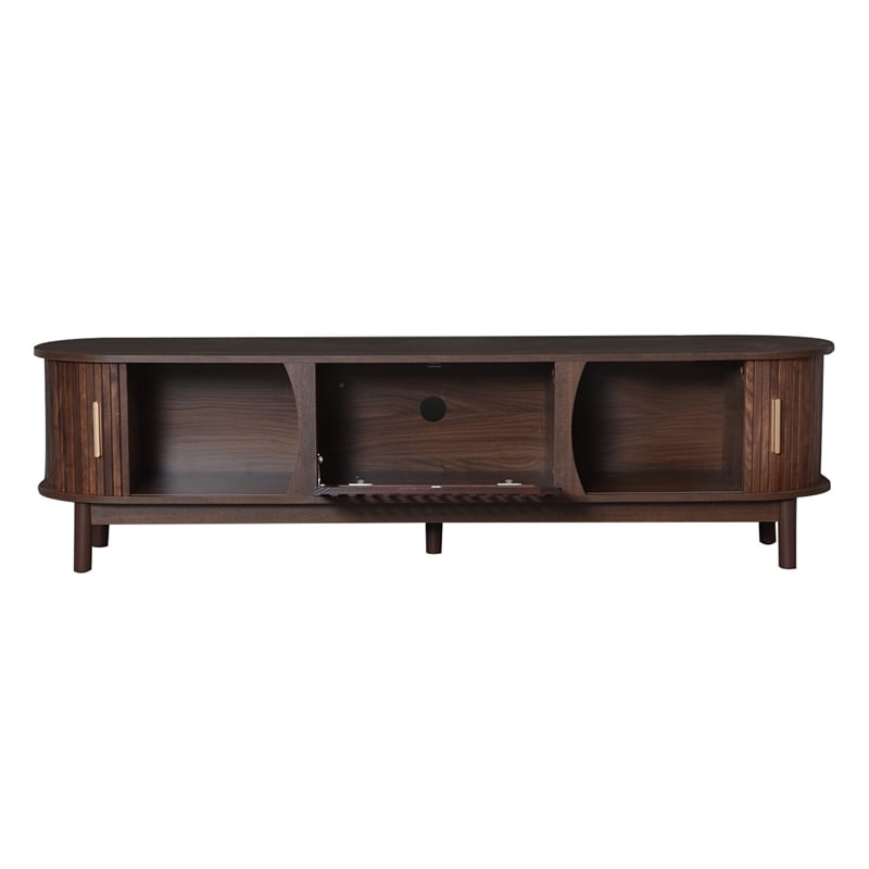 TV Media Cabinet- Fluted Sliding Doors- Drop Down Door- Dark Brown 67 Inch