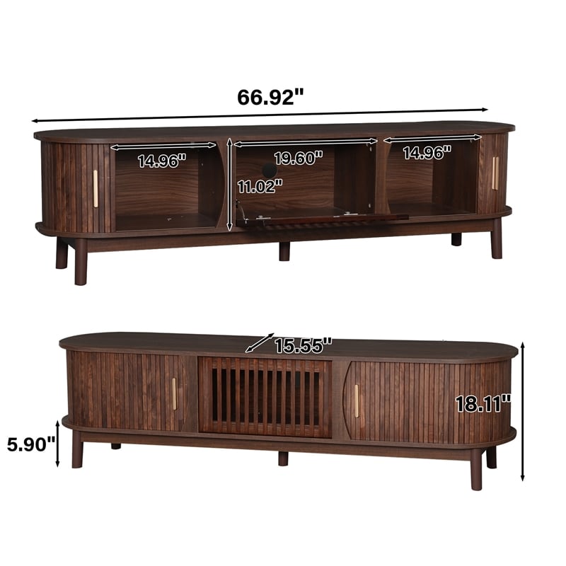 TV Media Cabinet- Fluted Sliding Doors- Drop Down Door- Dark Brown 67 Inch
