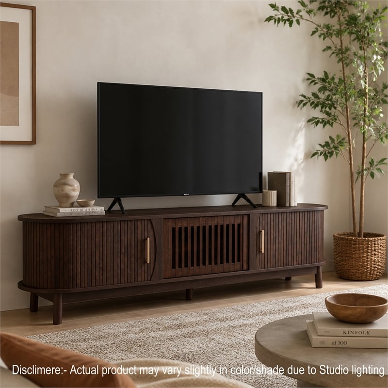 TV Media Cabinet- Fluted Sliding Doors- Drop Down Door- Dark Brown 67 Inch