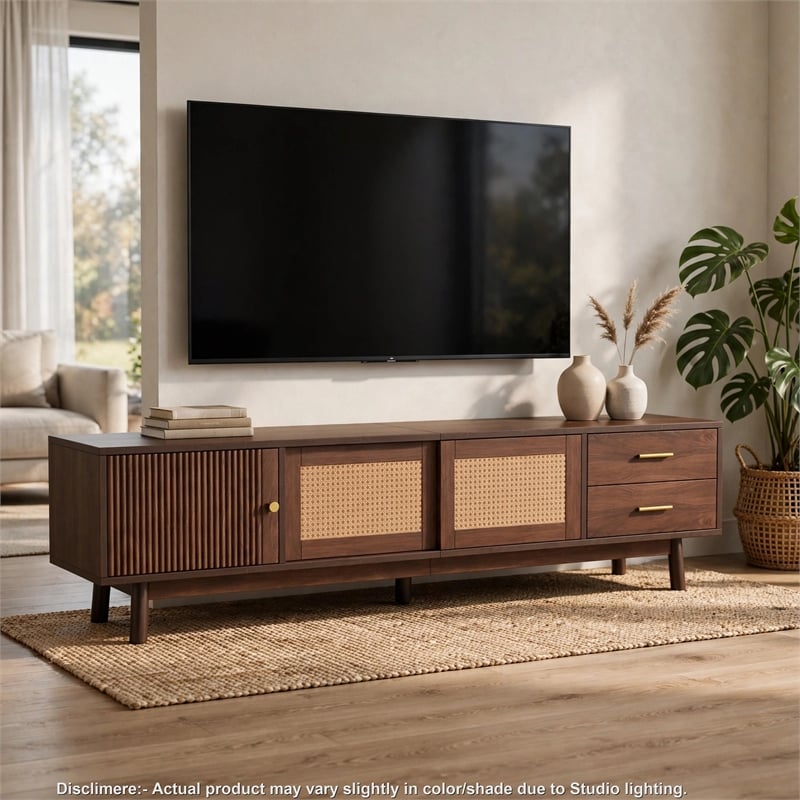 TV Media Cabinet- Rattan Sliding Doors- 2 Drawers- Dark Brown 71 Inch