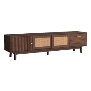 TV Media Cabinet- Rattan Sliding Doors- 2 Drawers- Dark Brown 71 Inch