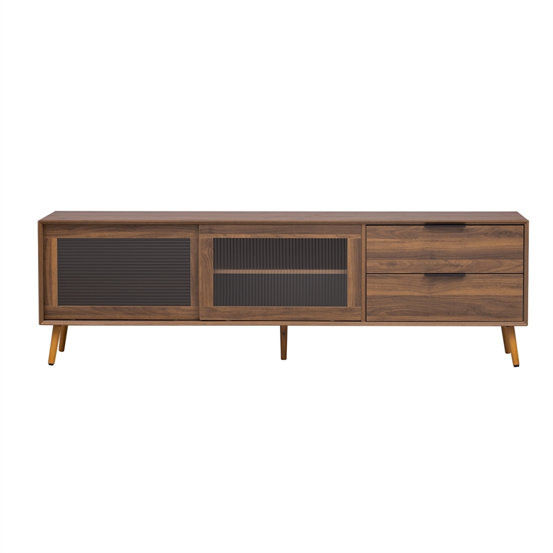 TV Media Cabinet- Fluted Glass Doors- 2 Drawers- Walnut Brown 71 Inch