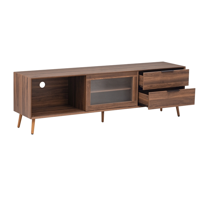 TV Media Cabinet- Fluted Glass Doors- 2 Drawers- Walnut Brown 71 Inch