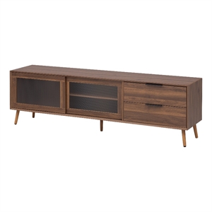 TV Media Cabinet- Fluted Glass Doors- 2 Drawers- Walnut Brown 71 Inch