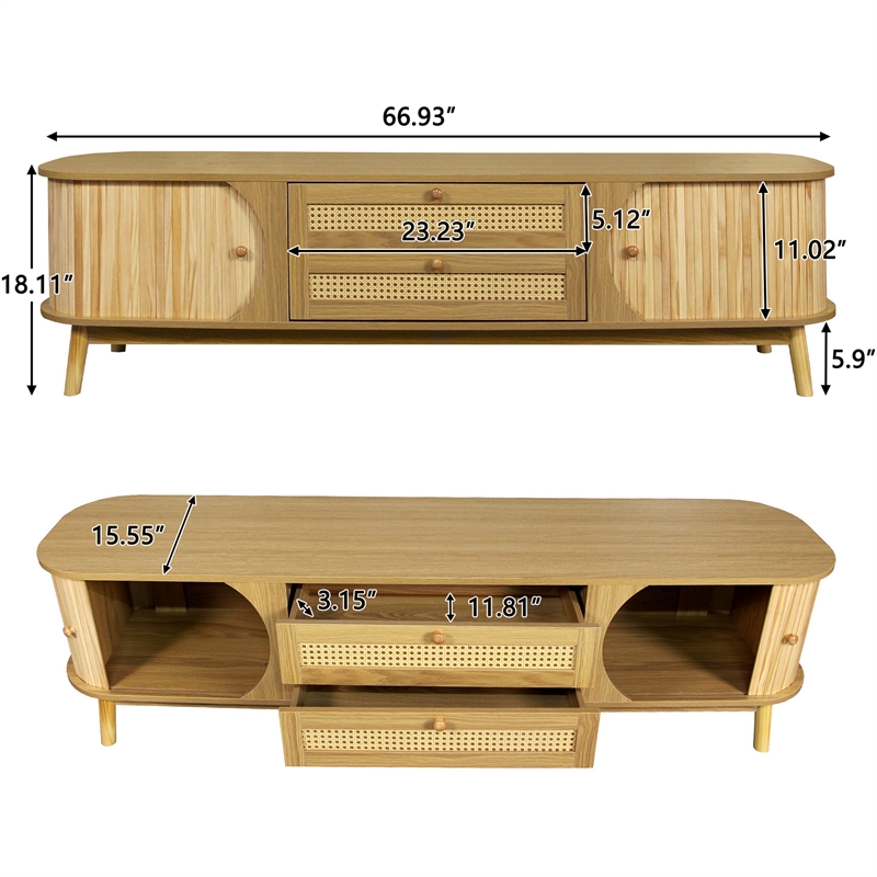 Vayu TV Media Cabinet- 2 Sliding Doors- 2 Drawers- Natural Brown 67 Inch