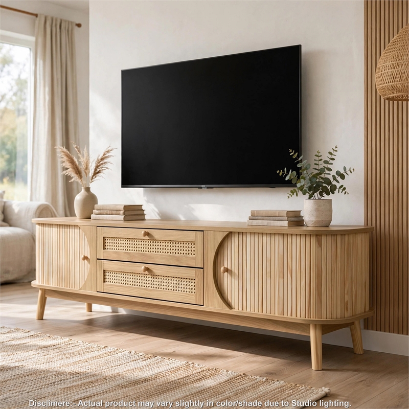 Vayu TV Media Cabinet- 2 Sliding Doors- 2 Drawers- Natural Brown 67 Inch