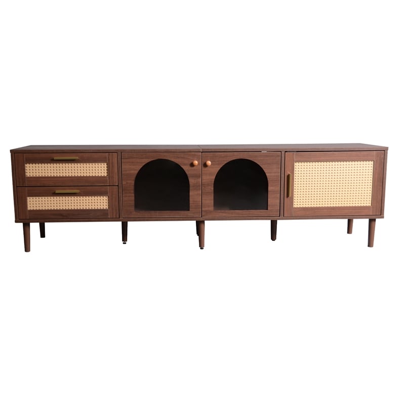 TV Media Cabinet w LED- Music Mode- Arch Glass Doors- Dark Brown 71 Inch