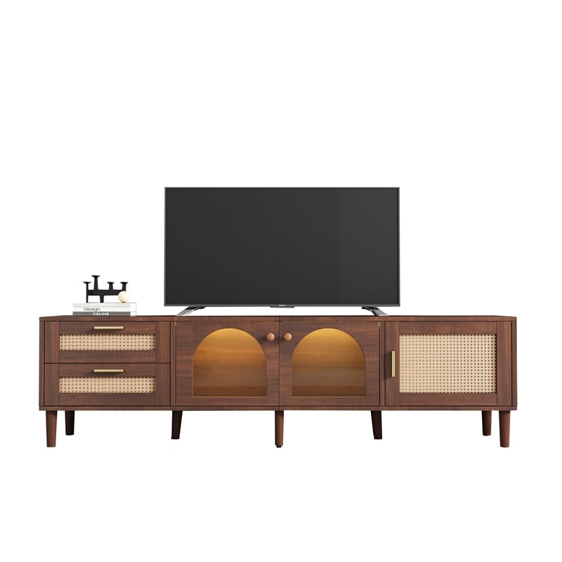 TV Media Cabinet w LED- Music Mode- Arch Glass Doors- Dark Brown 71 Inch