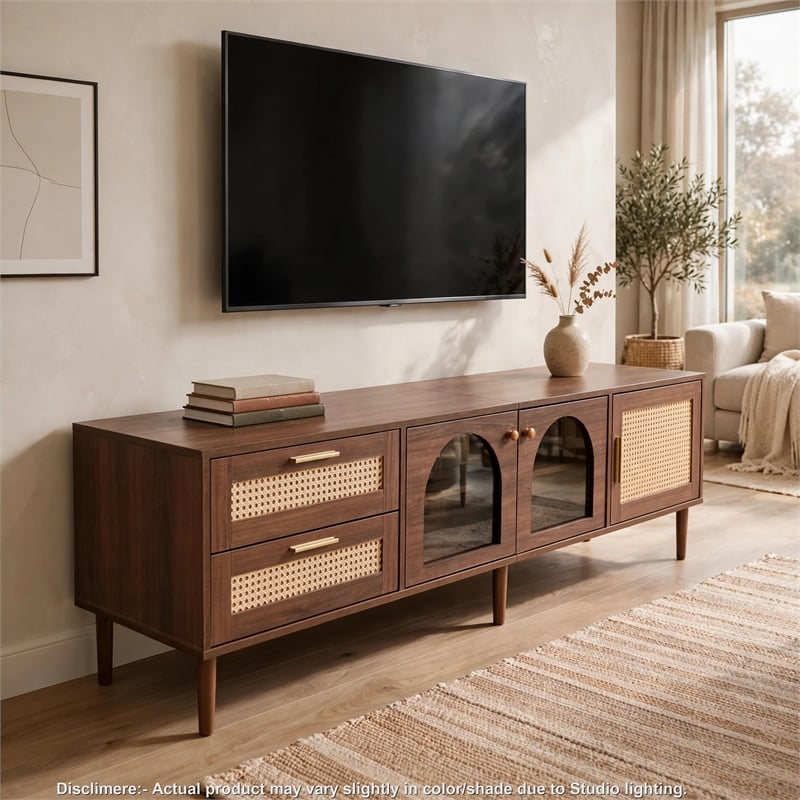 TV Media Cabinet w LED- Music Mode- Arch Glass Doors- Dark Brown 71 Inch