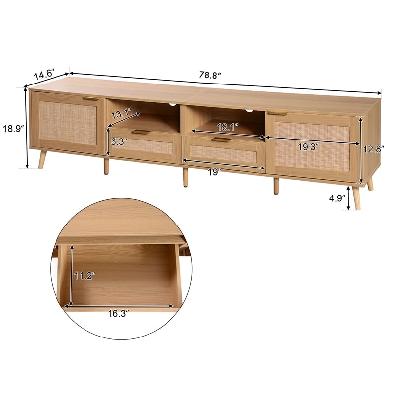 Yumi TV Media Cabinet- Rattan Doors w Drawers- Natural Brown 79 Inch