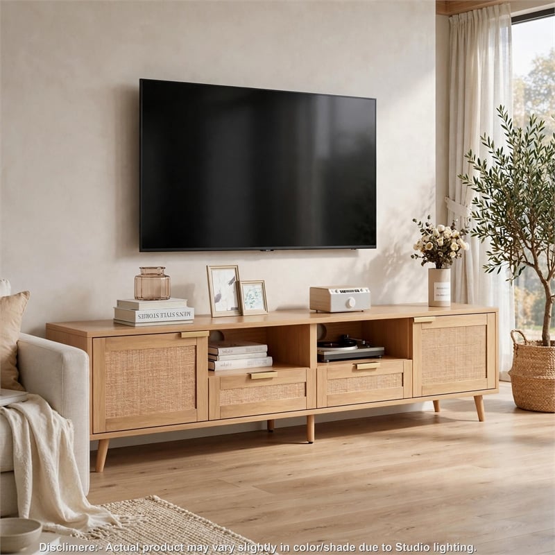 Yumi TV Media Cabinet- Rattan Doors w Drawers- Natural Brown 79 Inch
