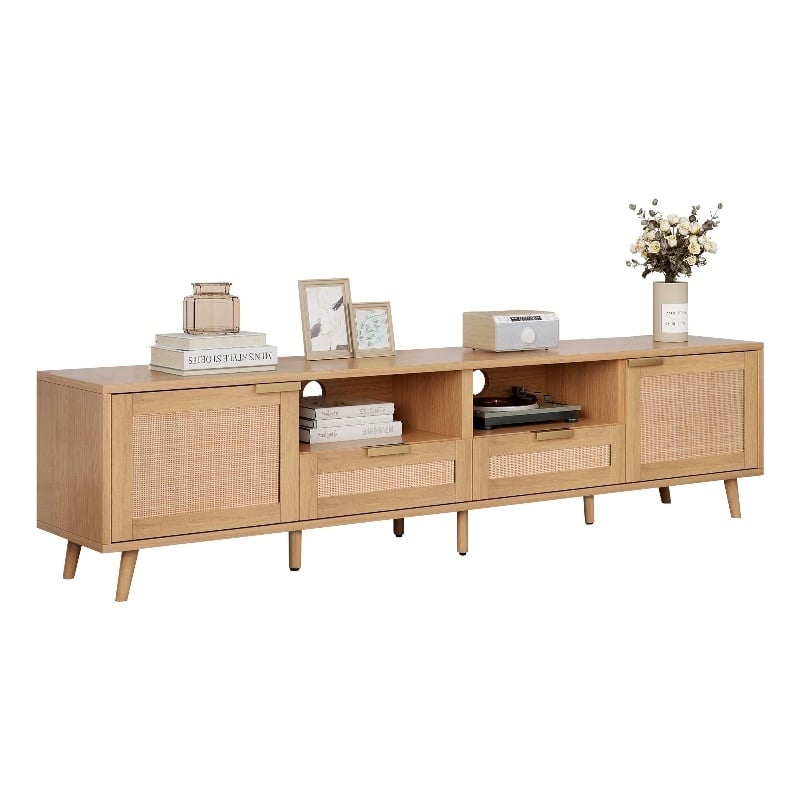 Yumi TV Media Cabinet- Rattan Doors w Drawers- Natural Brown 79 Inch