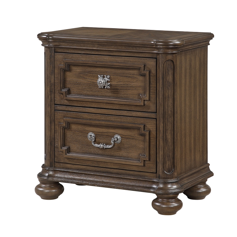 Bucky Nightstand with 2 Dovetail Drawers- Molding Details- Brown Wood