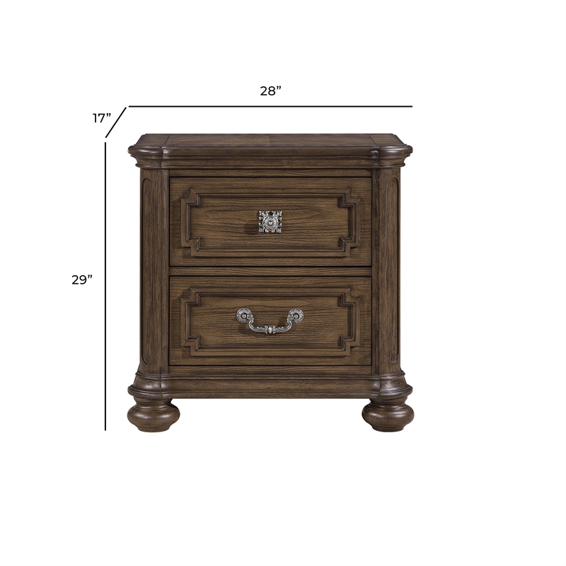 Bucky Nightstand with 2 Dovetail Drawers- Molding Details- Brown Wood
