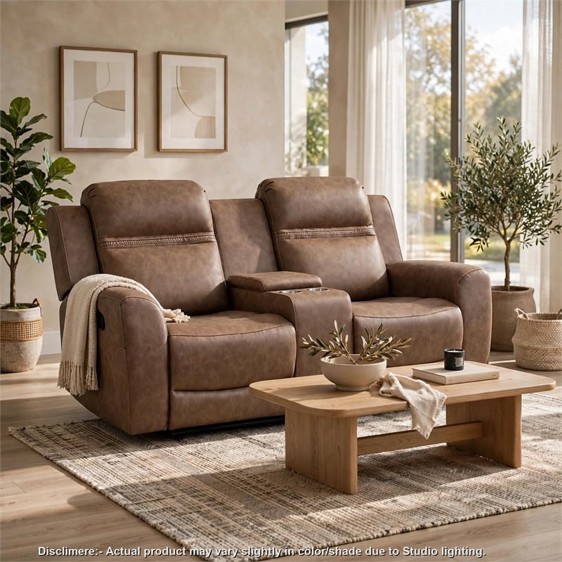 Berty Double Reclining Loveseat- Console and Cup Holders- Brown Fabric