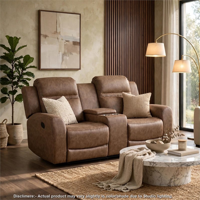 Berty Double Reclining Loveseat- Console and Cup Holders- Brown Fabric