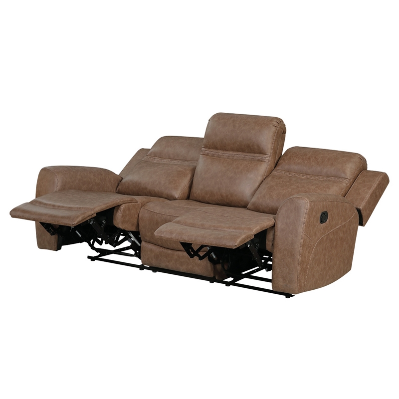 Berty Double Reclining Sofa- Tab Pull- Metal Frame- Brown Microfiber
