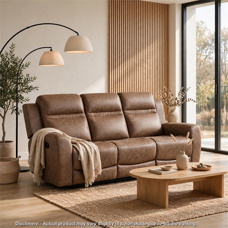Berty Double Reclining Sofa- Tab Pull- Metal Frame- Brown Microfiber