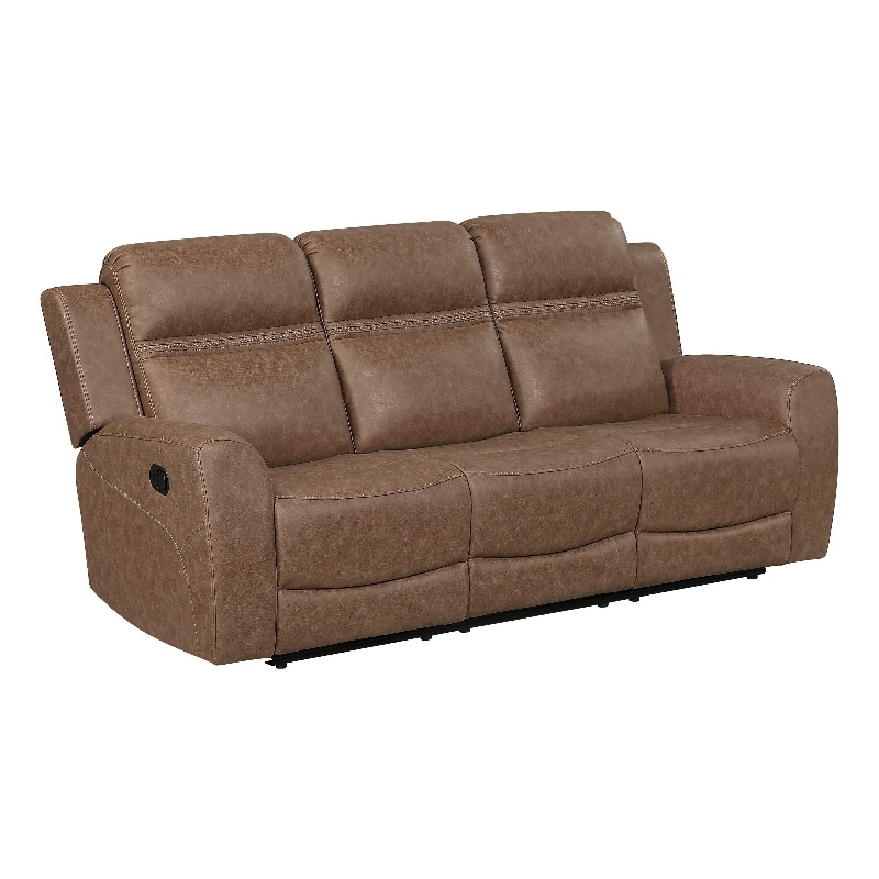 Berty Double Reclining Sofa- Tab Pull- Metal Frame- Brown Microfiber