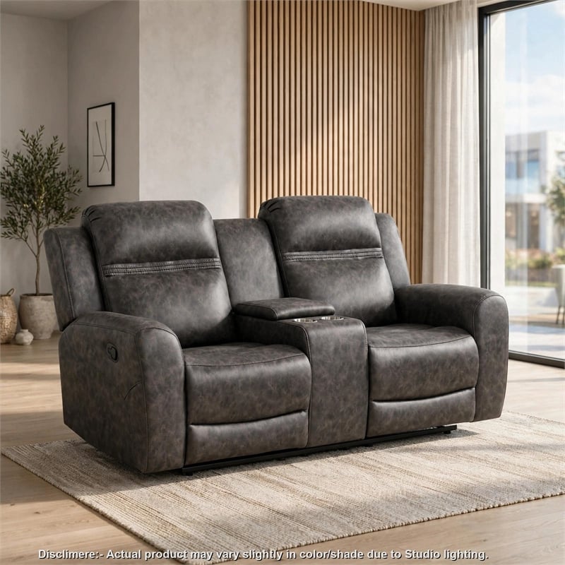 Berty Double Reclining Loveseat- Console and Cup Holders- Gray Fabric