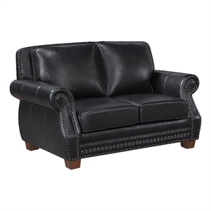 Ronny Loveseat with Nailhead Trim- Brown Wood Feet- Black Genuine Leather