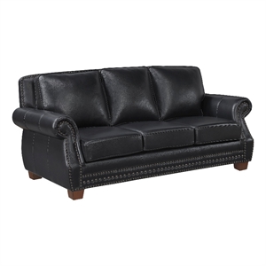 Ronny Sofa- Nailhead Trim- Brown Wood Feet- Black Genuine Leather