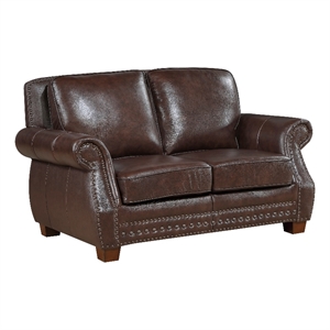 Ronny Loveseat with Nailhead Trim- Brown Wood Feet- Brown Genuine Leather