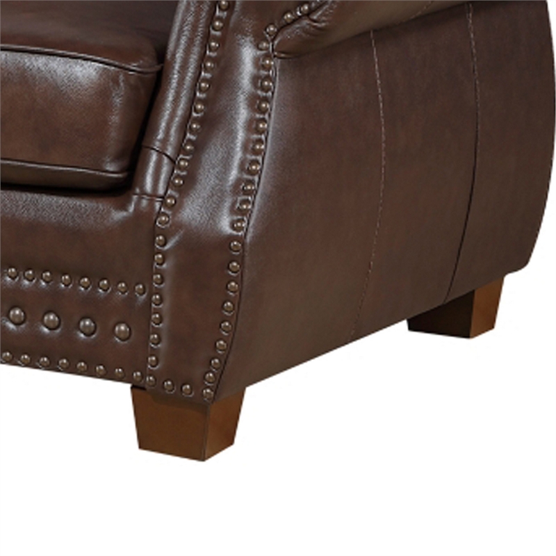 Ronny Sofa- Nailhead Trim- Rolled Arms- Brown Wood Feet- Brown Leather