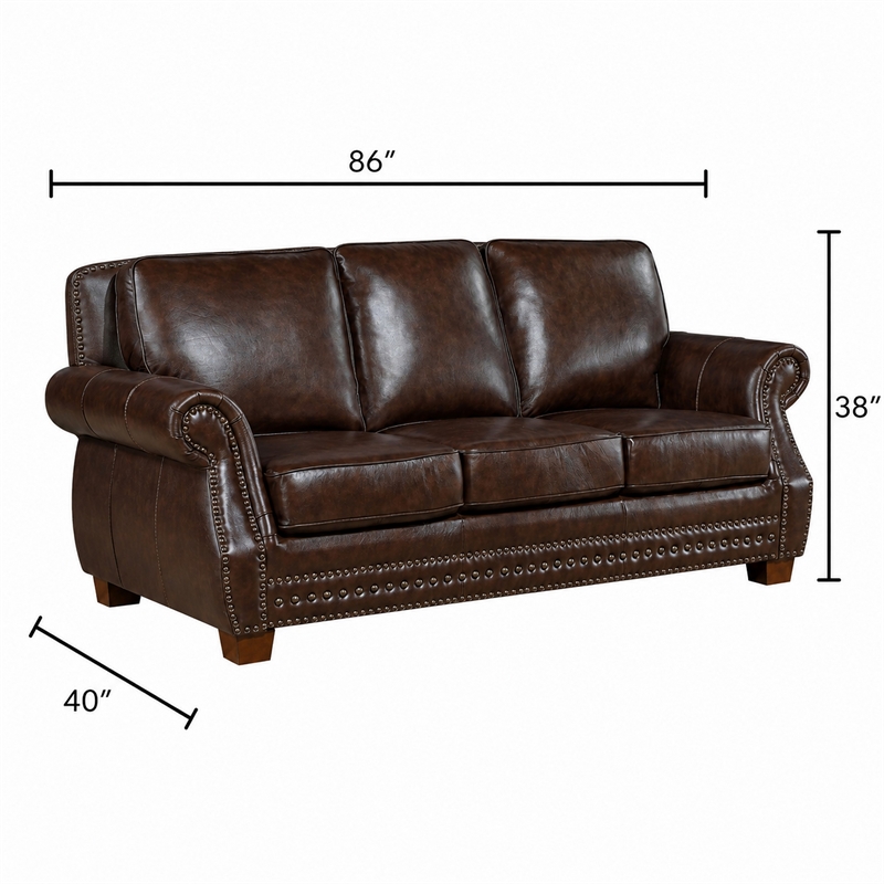 Ronny Sofa- Nailhead Trim- Rolled Arms- Brown Wood Feet- Brown Leather