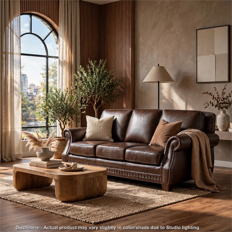 Ronny Sofa- Nailhead Trim- Rolled Arms- Brown Wood Feet- Brown Leather