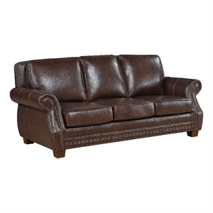 Ronny Sofa- Nailhead Trim- Rolled Arms- Brown Wood Feet- Brown Leather