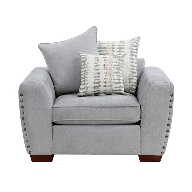 Gini Accent Chair with 3 Accent Pillows- Nailhead Trim- Gray Chenille