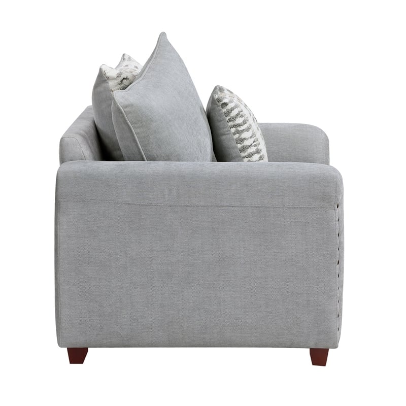 Gini Accent Chair with 3 Accent Pillows- Nailhead Trim- Gray Chenille
