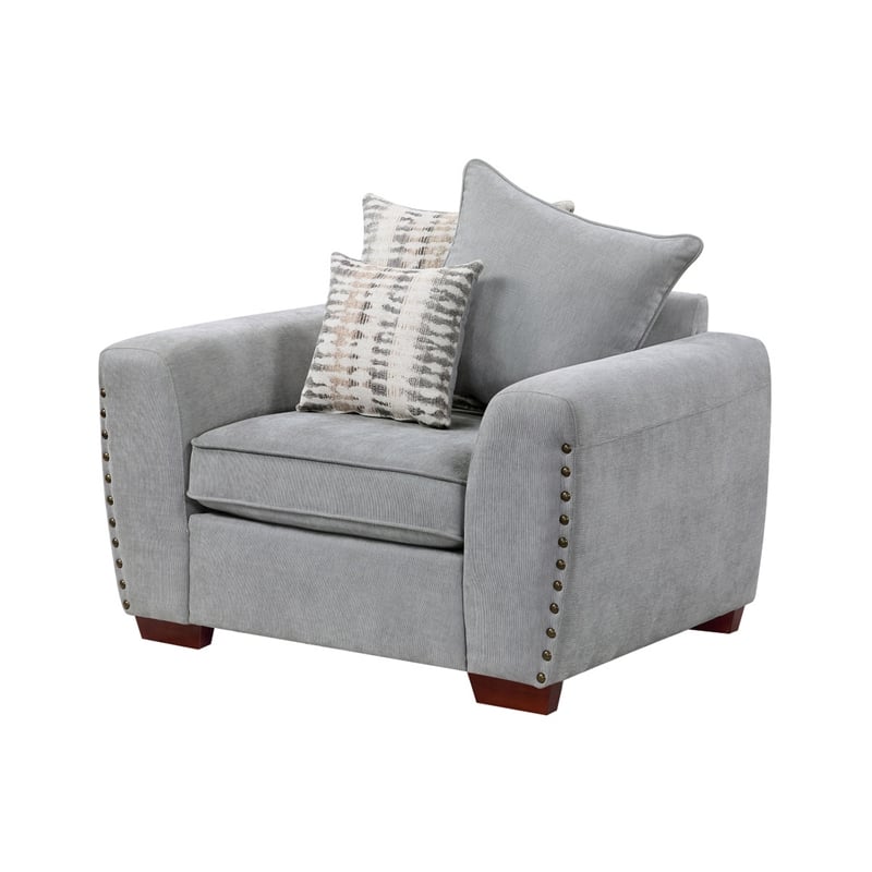 Gini Accent Chair with 3 Accent Pillows- Nailhead Trim- Gray Chenille