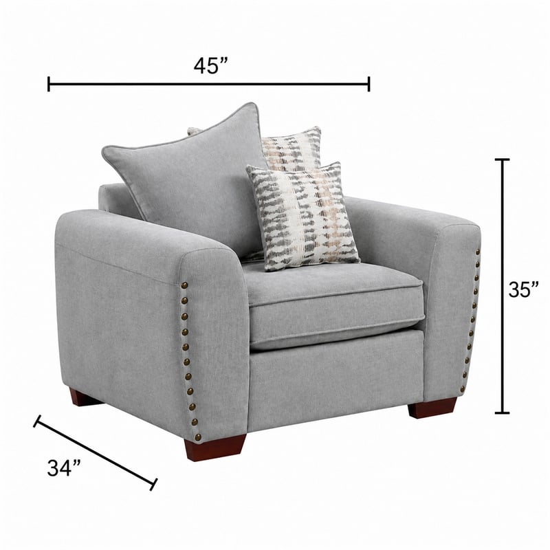 Gini Accent Chair with 3 Accent Pillows- Nailhead Trim- Gray Chenille