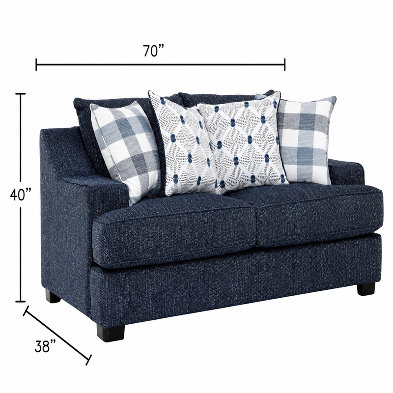 Marie Loveseat- Reversible Cushions- 4 Accent Pillows- Blue Chenille