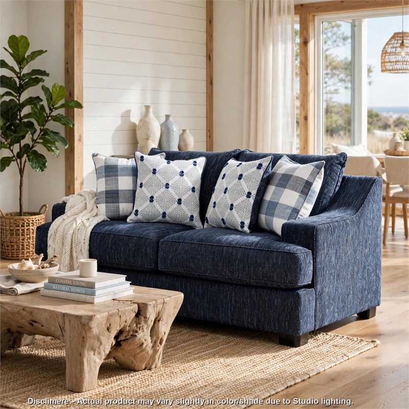 Marie Loveseat- Reversible Cushions- 4 Accent Pillows- Blue Chenille