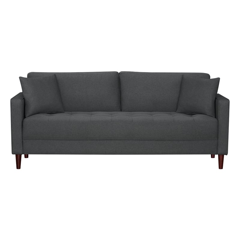 Yera Sofa w 2 Pillows- Tufted Gray Seat- Cherry Brown Wood- 77 Inch