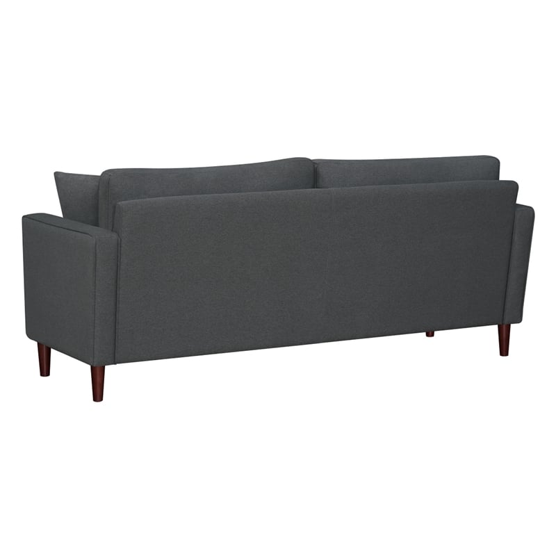 Yera Sofa w 2 Pillows- Tufted Gray Seat- Cherry Brown Wood- 77 Inch