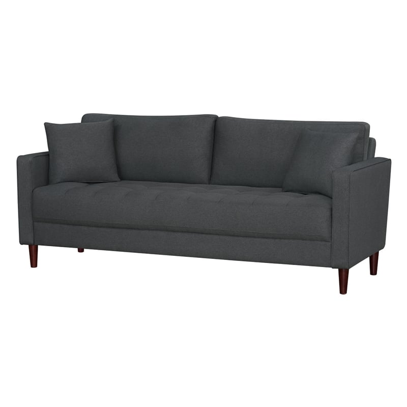 Yera Sofa w 2 Pillows- Tufted Gray Seat- Cherry Brown Wood- 77 Inch