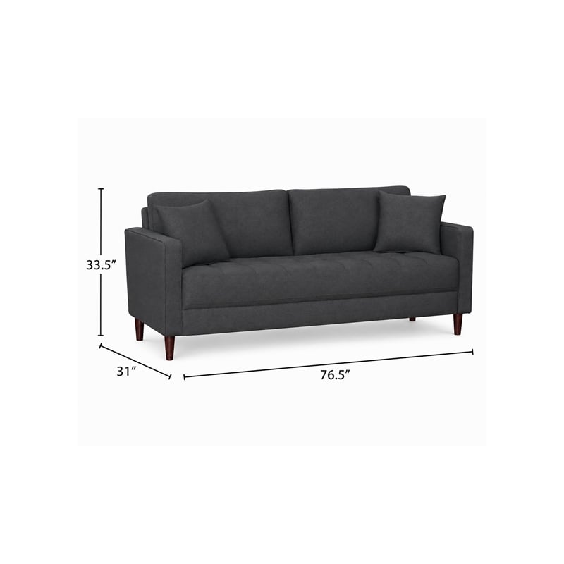 Yera Sofa w 2 Pillows- Tufted Gray Seat- Cherry Brown Wood- 77 Inch